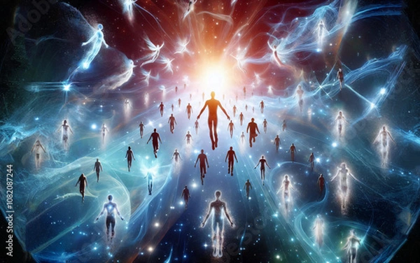 Fototapeta The afterlife, many souls above the planet in space