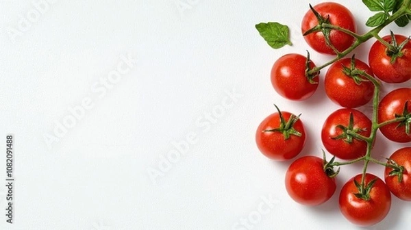 Fototapeta A photostock of a bunch of red cherry tomatoes with green stems on isolated on transparent PNG background, High Quality.