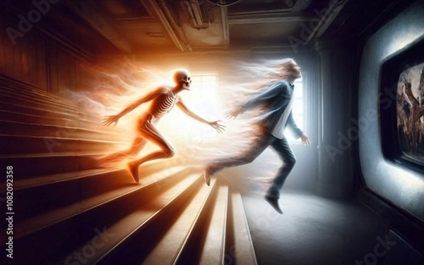 Fototapeta Avoiding problems, a man runs away from his self, from his past, a skeleton catches up with a man