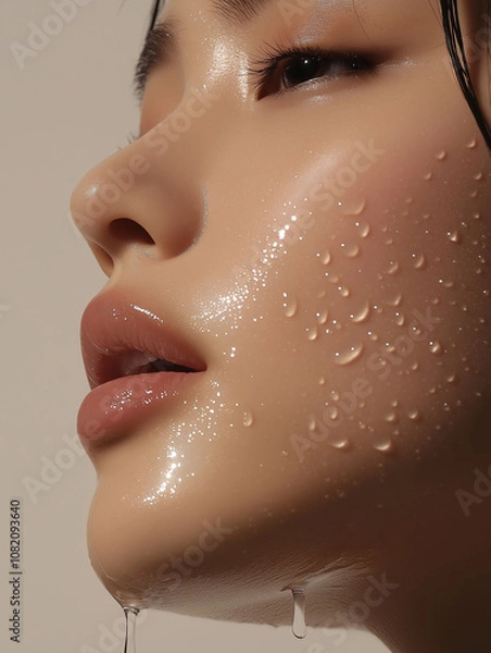 Fototapeta A close-up of a woman's glistening skin with water droplets, highlighting beauty and freshness during a skincare routine