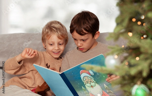 Obraz Two happy brothers sitting on the sofa and reading a book by Christmas tree. Kids play at home.