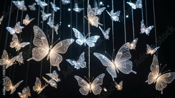 Obraz Artistic glowing butterflies suspended in the dark, creating a surreal and elegant visual display.