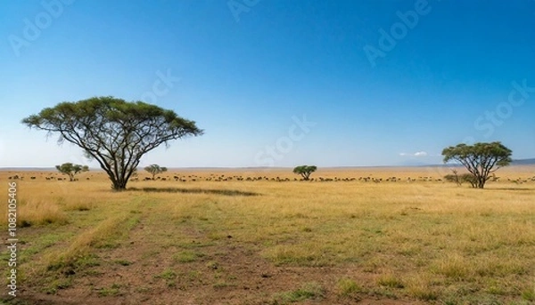 Fototapeta Vast Open Savannah Stretching to the Horizon, With Towering Acacia Trees Dotted Across the Landscape, Beneath a Clear Blue Sky and Gently Grazing Herds in the Distance