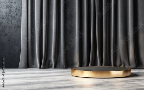 Fototapeta A minimalist stage with black curtains and a circular platform.