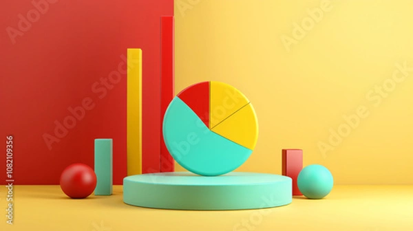 Fototapeta Playful Pie Chart with Memphis Flair: A minimalist scene featuring a 3D pie chart composed of vibrant geometric shapes inspired by the Memphis style. The pie chart rests against a clear background