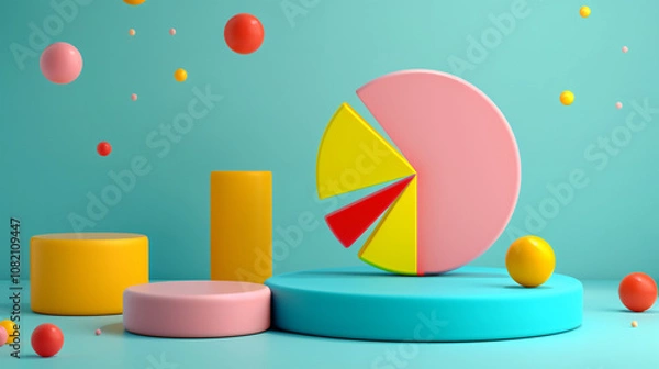 Fototapeta Playful Pie Chart with Memphis Flair: A minimalist scene featuring a 3D pie chart composed of vibrant geometric shapes inspired by the Memphis style. The pie chart rests against a clear background