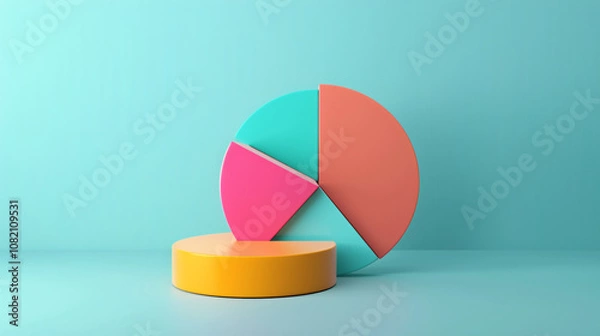 Fototapeta Playful Pie Chart with Memphis Flair: A minimalist scene featuring a 3D pie chart composed of vibrant geometric shapes inspired by the Memphis style. The pie chart rests against a clear background