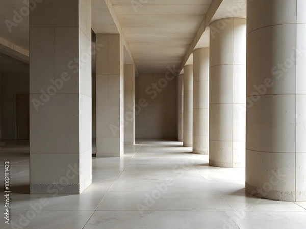 Fototapeta Modern Minimalist Architecture: Beige Pillars, Hallway, Depth, Tranquility, Soft Light, Geometric Design, Interior Design, Serene Space, Matte Finish, Polished Floor