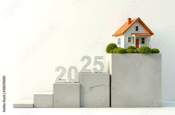 Fototapeta Numbers 2025 on the stairs and a private new house on a light background with copy space. Direction of development of the real estate market and private sector in 2025, purchase of a new home.