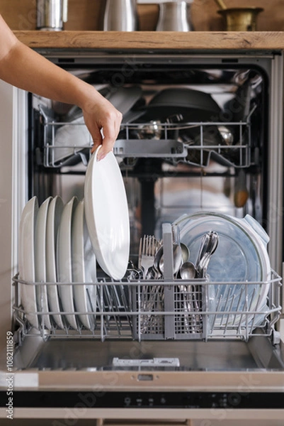 Fototapeta Front view from female hand removing clean plate from a loaded dishwasher. Background of modern kitchen