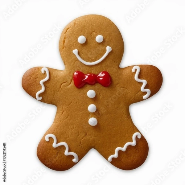 Fototapeta Gingerbread Man: A festive and cheerful gingerbread man cookie, perfect for holiday baking and decorating, with a charming smile and red bow tie.  