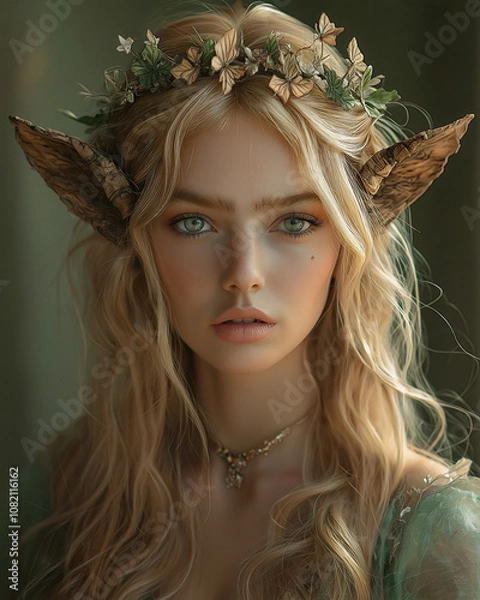 Fototapeta A striking elven royal elegantly poses with a beautifully detailed crown and a stunning gown inspired by nature, illuminated with magical butterfly lighting effects