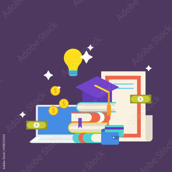 Obraz Scholarship concept. Vector illustration in flat style design. University student cap, books, diploma, notebook, money, wallet, credit card and light bulb