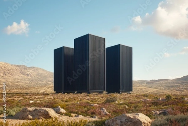 Fototapeta Modern architectural structures desert landscape digital artwork remote setting wide angle futuristic design