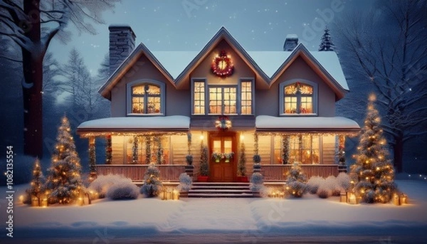 Fototapeta 크리스마스 장식으로 외관을 꾸며놓은 집