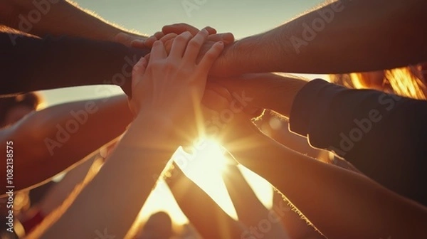 Fototapeta Diverse group of people putting their hands together in a circle, symbolizing unity and teamwork. The sun shines brightly in the background.