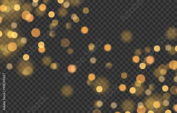 Fototapeta Christmas New Year's Eve Birthday glowing bokeh confetti light and sparkling glitter texture overlay design. Festive transparent background for birtday. Holiday gold powder dust. Vector illustration.