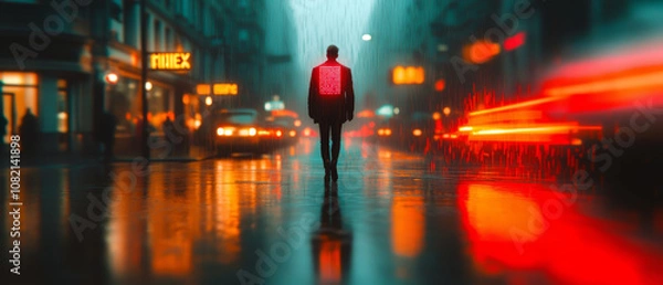 Fototapeta Cyberpunk Street Scene with Holograms and Neon Signs
