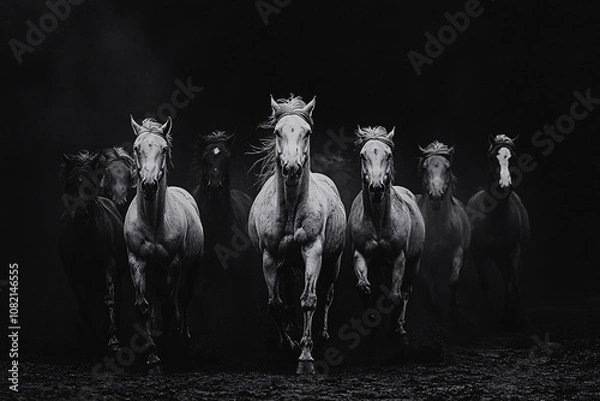 Obraz black-and-white photo of a group of horses running forward in dramatic lighting, creating a powerful and intense scene
