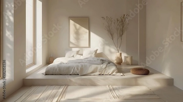 Fototapeta A minimalist bedroom with a low platform bed, neutral tones, and clean lines.