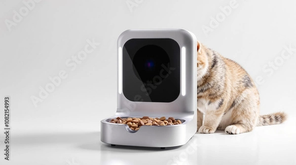 Fototapeta A cat approaches an automatic pet feeder filled with food in a well-lit indoor setting