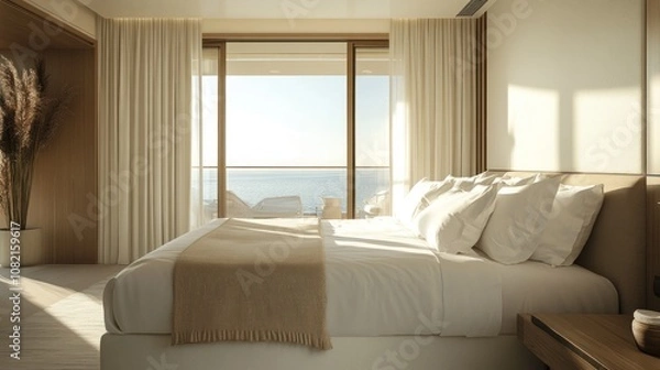 Obraz A hotel bedroom in white and beige tones has a large bed with matching pillows. The walls are decorated with a sea view and natural light from a large window.