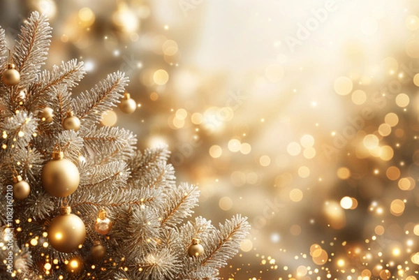 Obraz 金色の飾りで飾られたクリスマスツリーのクローズアップ写真。