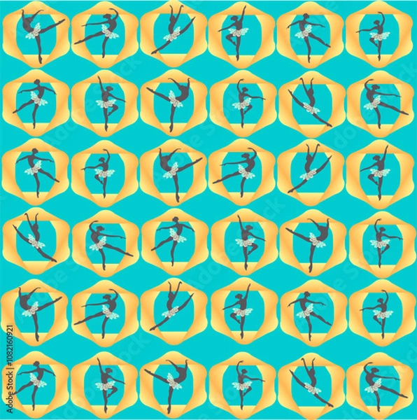 Fototapeta Ballet dancing Seamless pattern with silhouettes of ballerinas on a turquoise background dance background
