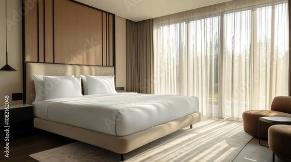 Obraz A modernly designed room with a large bed and light-colored curtains. Glass walls let in natural light, creating an airy atmosphere.