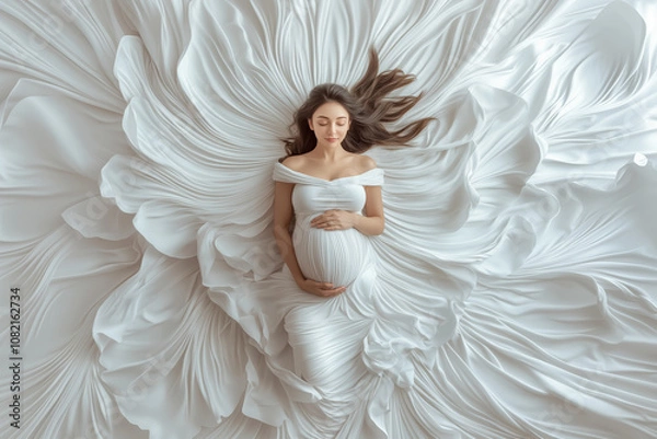 Fototapeta Elegant pregnant woman in white dress posed against a textured white background in soft light