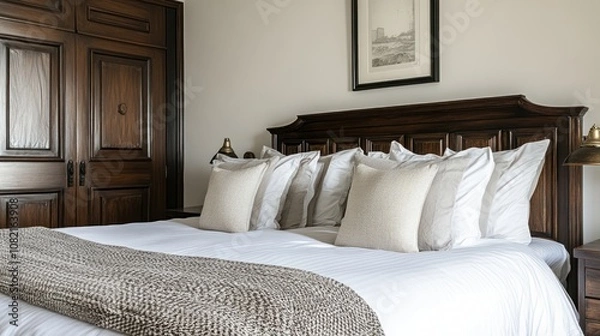 Obraz Hotel bedroom with dark wood furniture and simple white walls. Soft bed with many pillows and a bedside lamp.