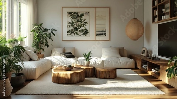 Fototapeta Living room decorated in Scandinavian style, warm wooden furniture, white carpet and cushions add comfort, with potted plants adding freshness.