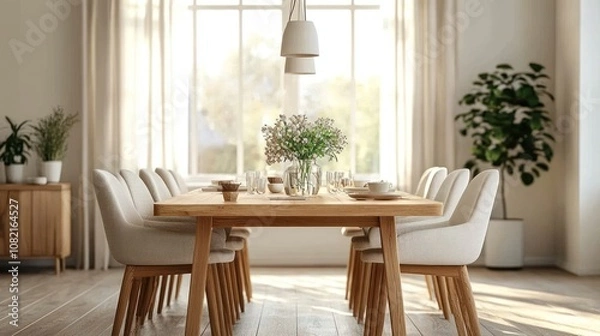 Obraz Scandinavian dining room with long wooden table and light fabric chairs, simple hanging lamps and vases of fresh flowers to add warmth to the atmosphere