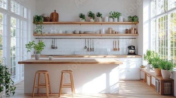Fototapeta Scandinavian style kitchen with white and natural wood tones, simple counter and beautiful shelves, plenty of natural light, making the room look bright.