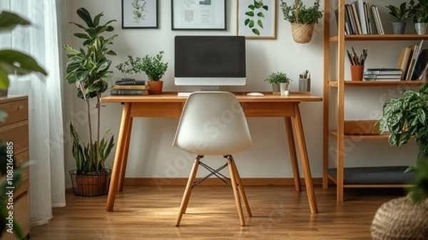 Fototapeta Scandinavian style office with simple wooden table and chair, bookshelf and small green plants Create a comfortable and creative atmosphere