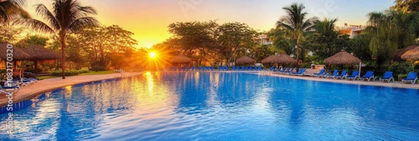 Fototapeta Relaxing sunset by the swimming pool at a tropical resort