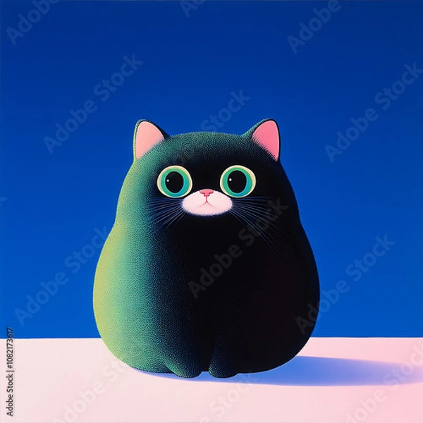 Obraz cute, fat black cat with large green eyes sits against vibrant blue background, exuding playful and whimsical charm