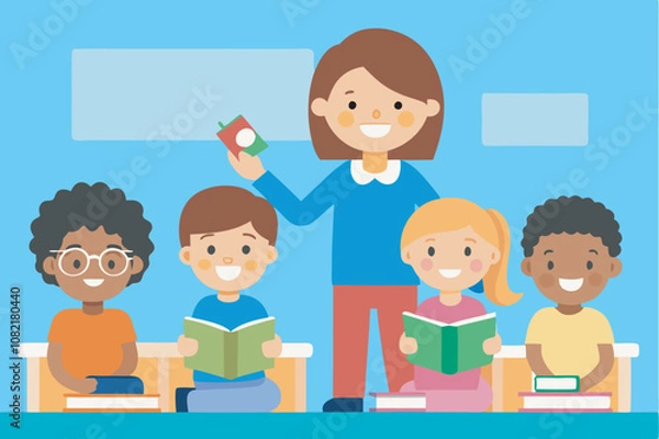 Fototapeta Indoor classroom: teacher with apple book, students reading and listening attentively. Bright, clean setting with colorful benches.