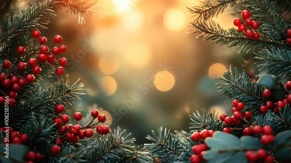 Obraz A stunning holiday-themed image showcasing vibrant red berries amidst soft-focus evergreen branches, creating a warm festive atmosphere.