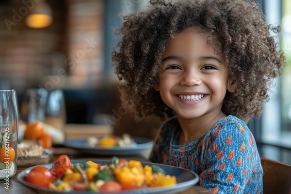 Fototapeta A child sitting at a table, eating a healthy snack of fruit and vegetables, smiling happily 