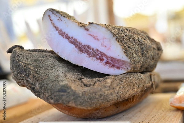 Fototapeta Guanciale or Pork cheek is a salami and is a typical food from the Rome area and the Lazio region that is used as a condiment for pasta alla amatriciana, alla gricia and pasta carbonara