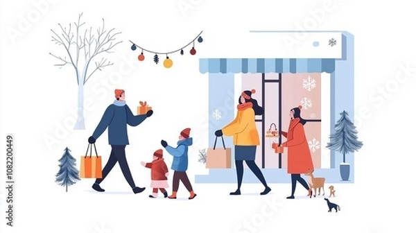 Obraz A family walks down a snowy street, carrying gifts and bags, while a shop owner greets them with a smile