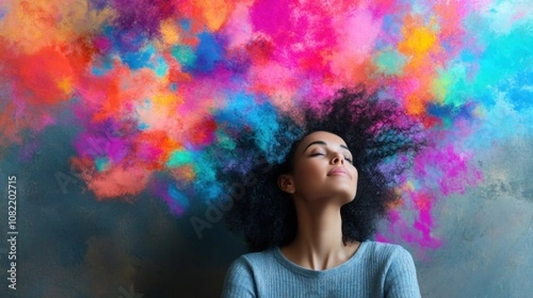 Fototapeta Young woman with natural curly hair experiencing vibrant explosion of colorful powders above her head, symbolizing creativity, ideas, and inspiration through visual art and expression.