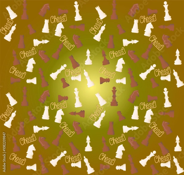 Fototapeta Vector seamless pattern with colorful chess pieces on olive green background.
