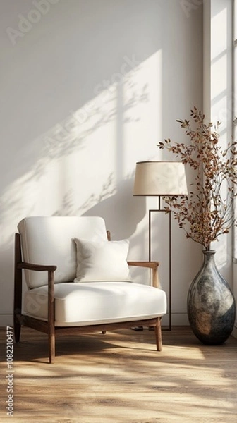 Fototapeta Sunlight casts gentle shadows on a serene living space, highlighting a cozy armchair, elegant lamp, and dried floral arrangement in a sleek vase.