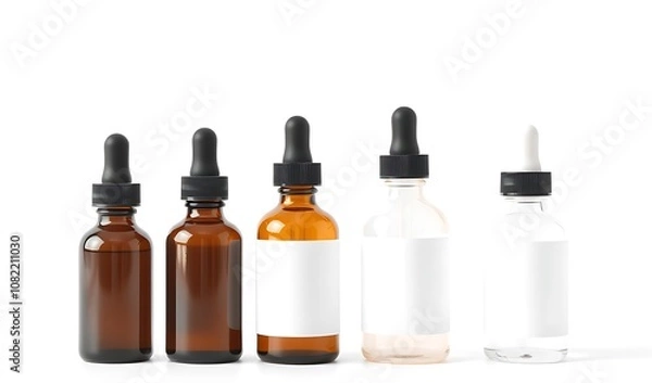 Fototapeta Five Amber and Glass Dropper Bottles with Blank Labels on a White Background. AI Generated