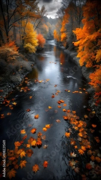 Fototapeta autumn, autumn leaves falling into a calm shallow river, flowing and making their way through them to the distant
