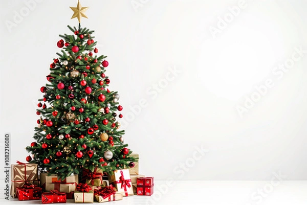 Fototapeta A Christmas tree with a variety of festive decorations and gifts underneath, photographed on a plain white background.