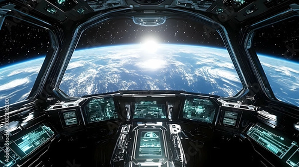 Fototapeta Spaceship Cockpit Views Earth's Sunrise from Orbit, Futuristic Sci-Fi Digital Display Panels Glowing Brightly.