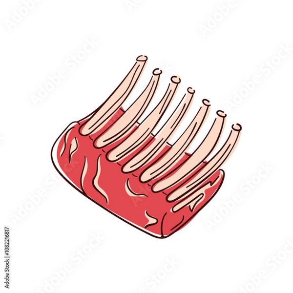Fototapeta Raw rack of lamb meat with ribs, detailed in red and bone colors in flat style. Perfect for culinary, butcher shop or barbecue related design.